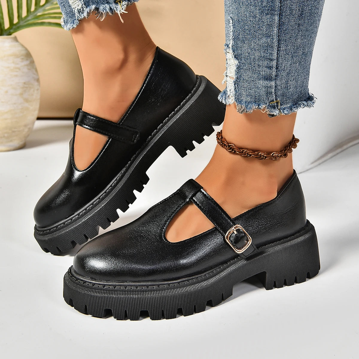 Solid Color Mary Jane Platform Shoes Woman Buckle Strap Pu Leather Casual Shoes Woman Thick Sole Student Jk Uniform Shoes Aiertu