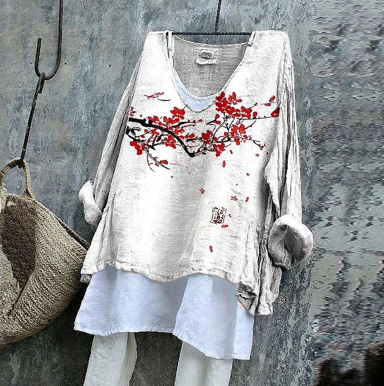 Japanese Cherry Blossoms Art Cotton Linen V Neck Casual Shirt