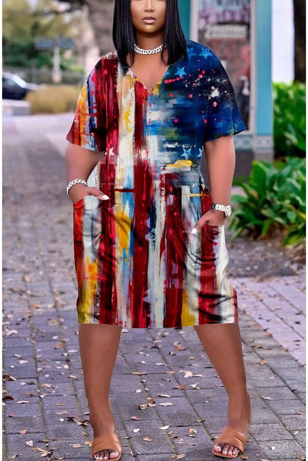 3D printed loose large size V-neck casual dress