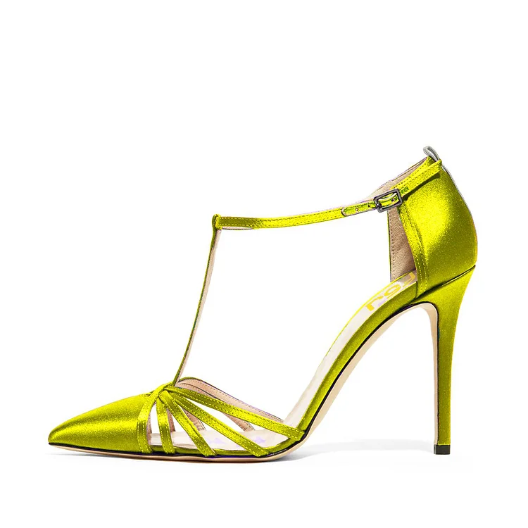 Lime Green Satin T Strap Sandals Pointy Toe Stiletto Heel Sandals |FSJ Shoes