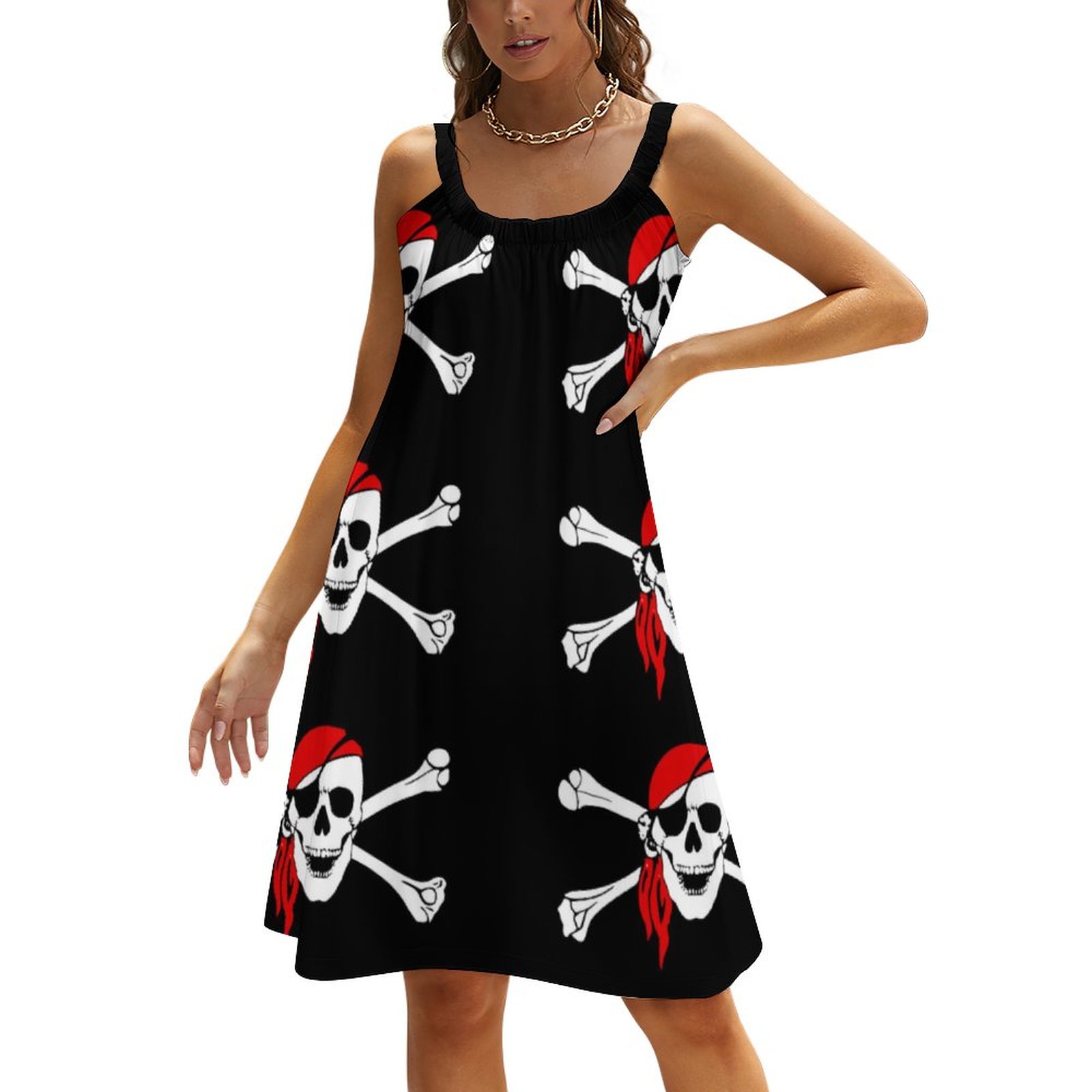 Pirate Skull And Crossbones Summer Hawaiian Beach Retro Dresses Casual Sling Sleeveless Printed Knee Length Dress