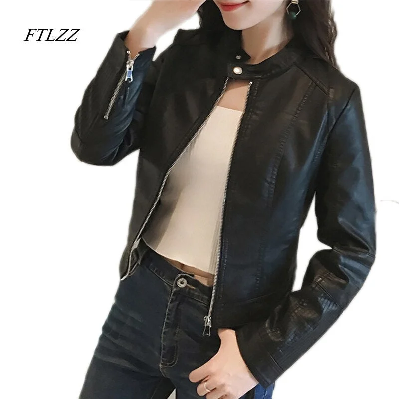 FTLZZ New Spring Faux Leather Jacket Women Slim Vintage Black Soft Motorcycle Short Jackets Lady Bomber Coat Outwear