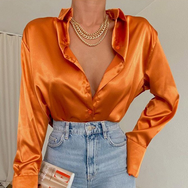 Elegant Satin Blouse Long Sleeve Solid Color Silk Shirt Casual Blue Tops Vintage Office Women Clothes Blusas Mujer 22717
