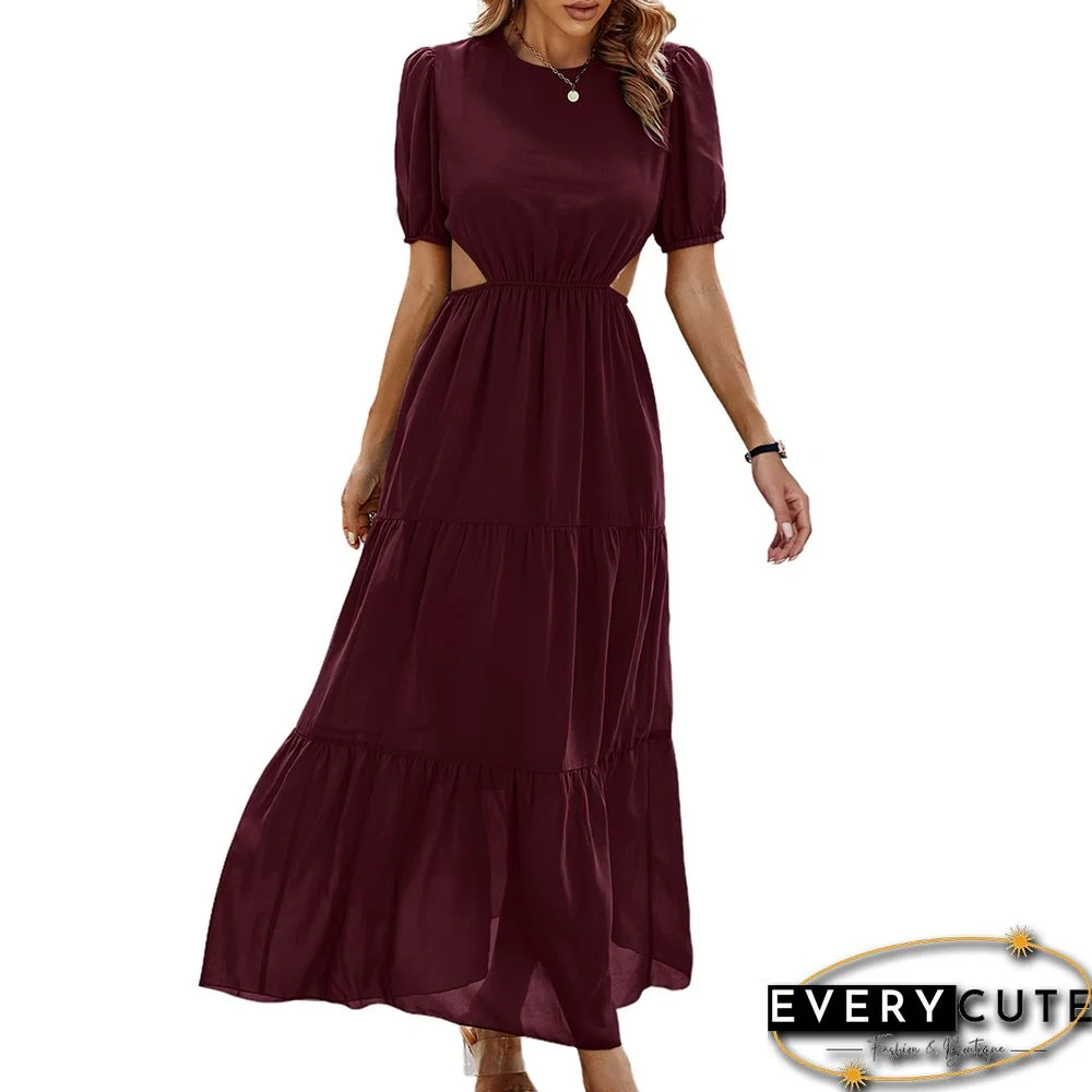 Burgundy Round Neck Side Cut-out Swing Maxi Dress