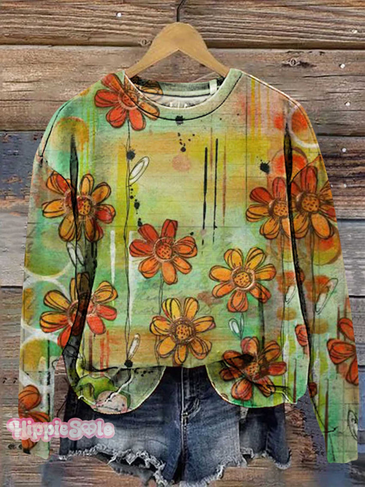 Retro Hippie Love And Peace Flower Casual Sweatshirt Multicolor / S