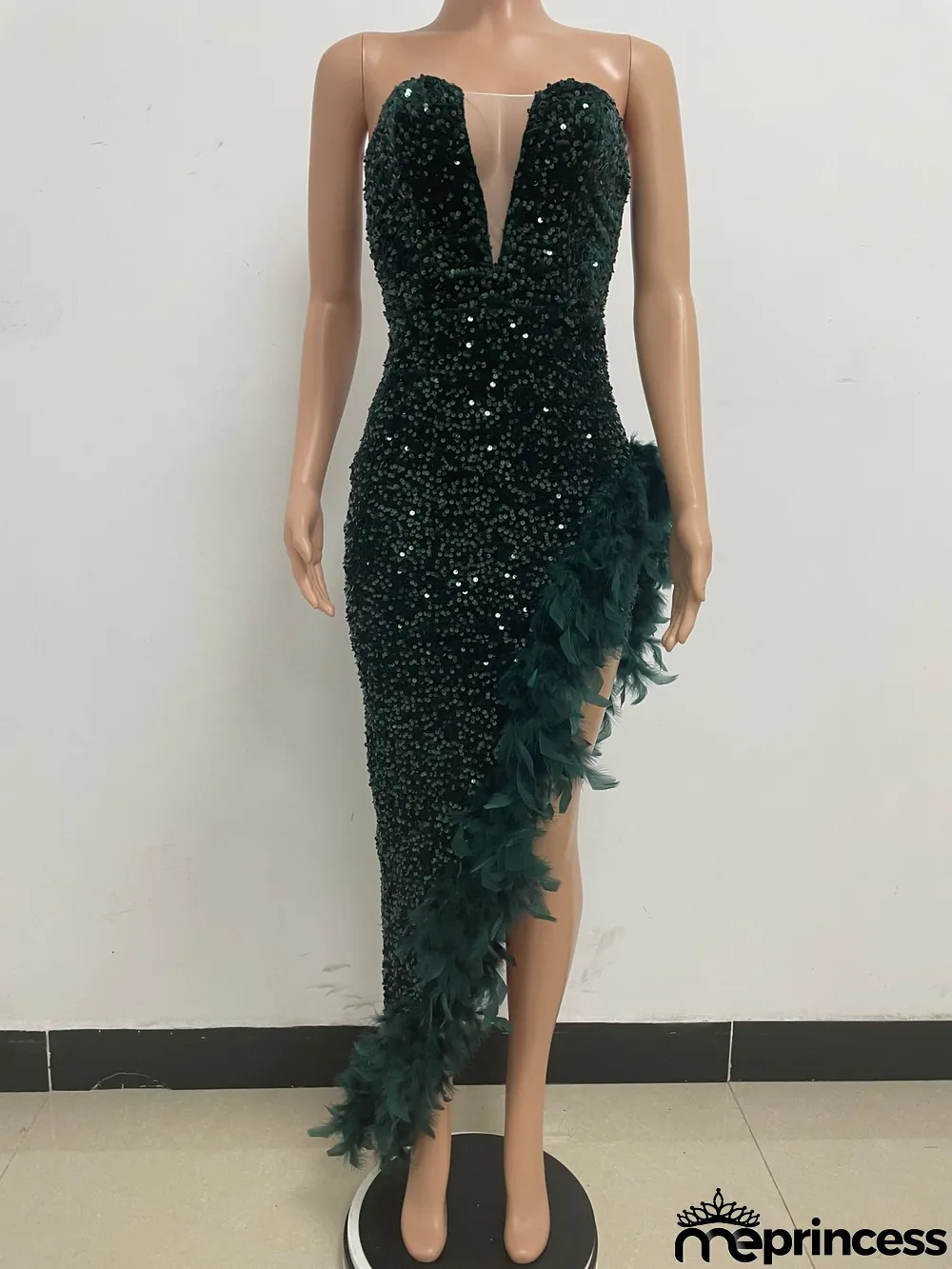 Women Sexy Off Shoulder Backless Sequin Feather Dress