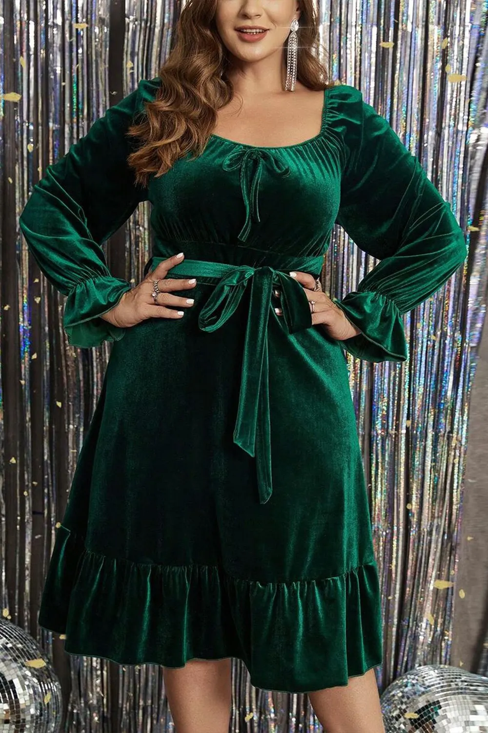 Plus Size Christmas Dark Green Velvet Ruffle Hem Square Neck Midi Dress-  Flycurvy