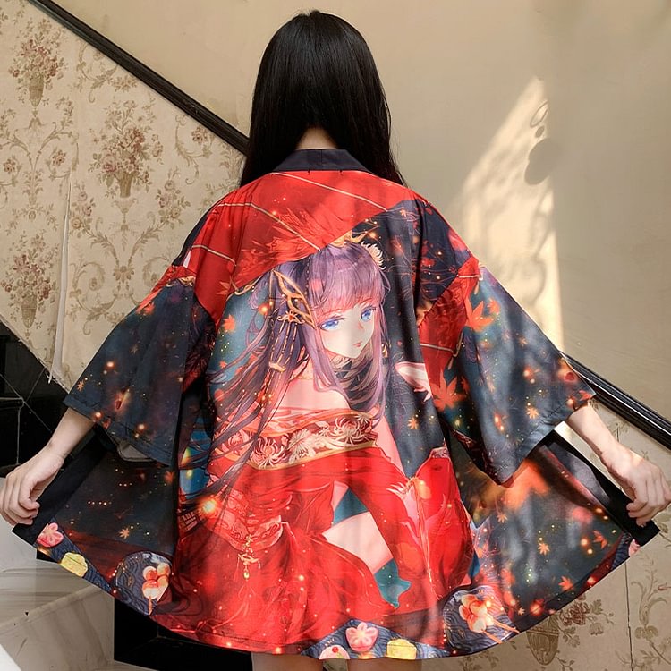 Vintage Girl Print Kimono Outerwear  - Modakawa Modakawa