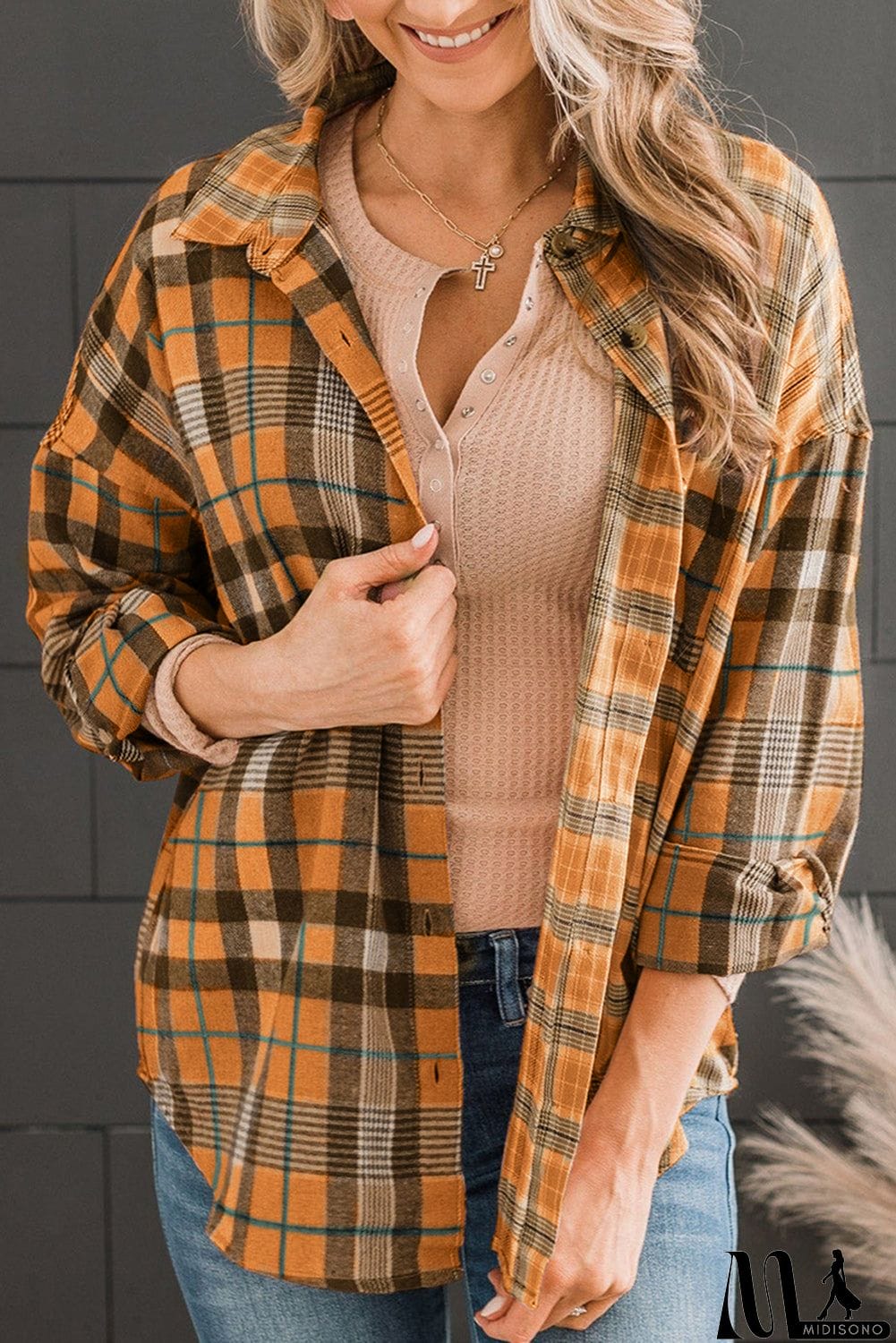 MidiSono - Plaid Collared Neck Long Sleeve Button-Up Shirt