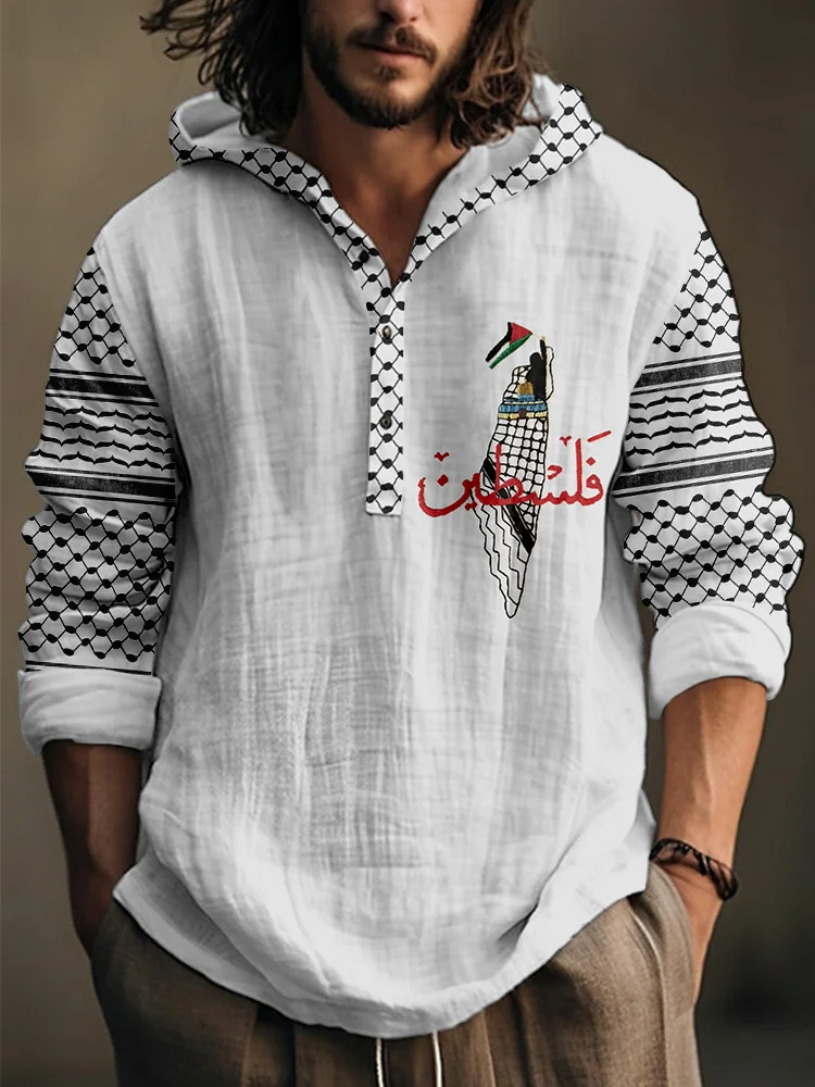 Keffiyeh Palestine Map Embroidered Linen Blend Hooded Shirt