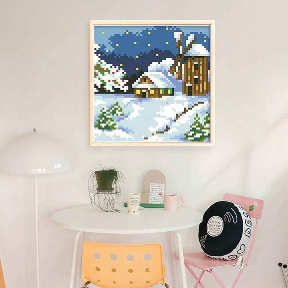 9CT Full Stamped Cross Stitch Bead Embroidery - Landscape Winter(Canvas|17*17CM)