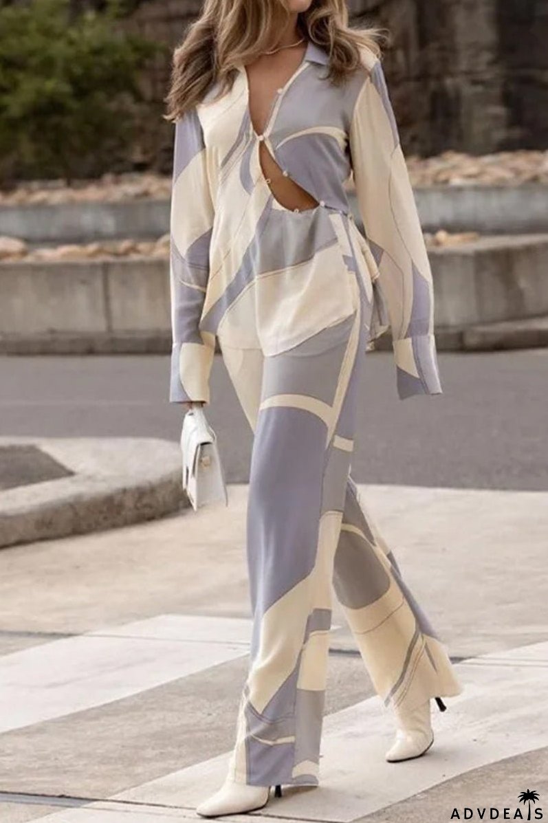 Casual Geometric Asymmetrical Printing Turndown Collar Long Sleeve Two Pieces