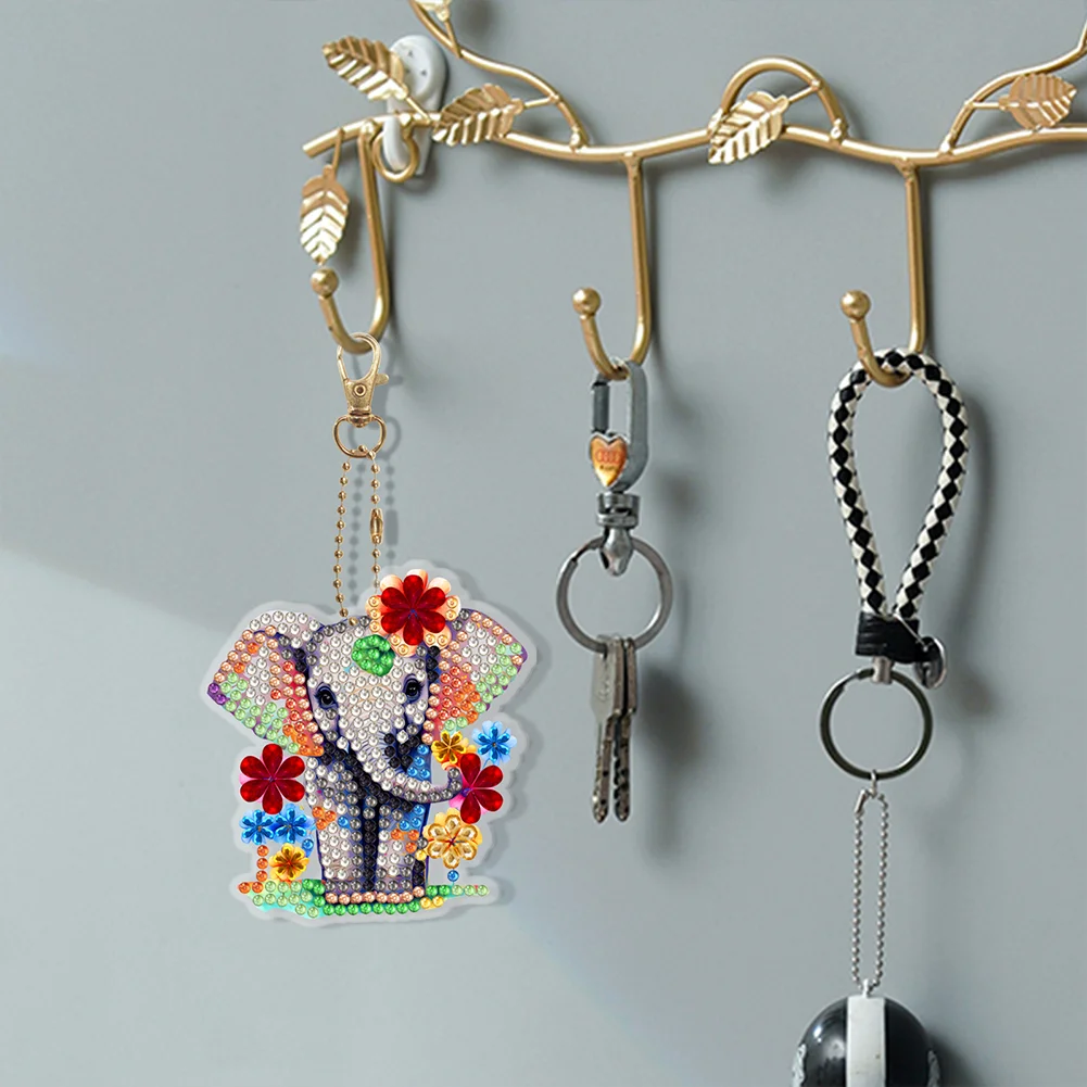 5pcs DIY Cartoon Elephant Diamond Key Rings for Beginners Kids Adults(Double Sided)