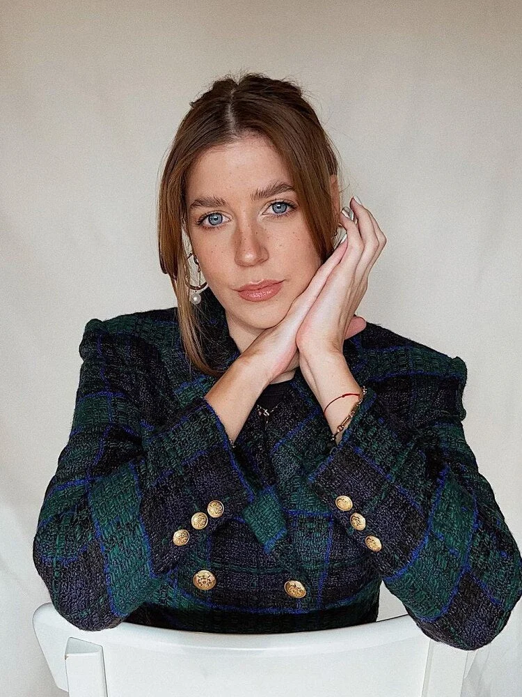 Vintage Elegant Plaid Skirt Suits Women 2021 Fashion Double Breasted Cropped Blazers Side Buttons Mini Skirts Suits