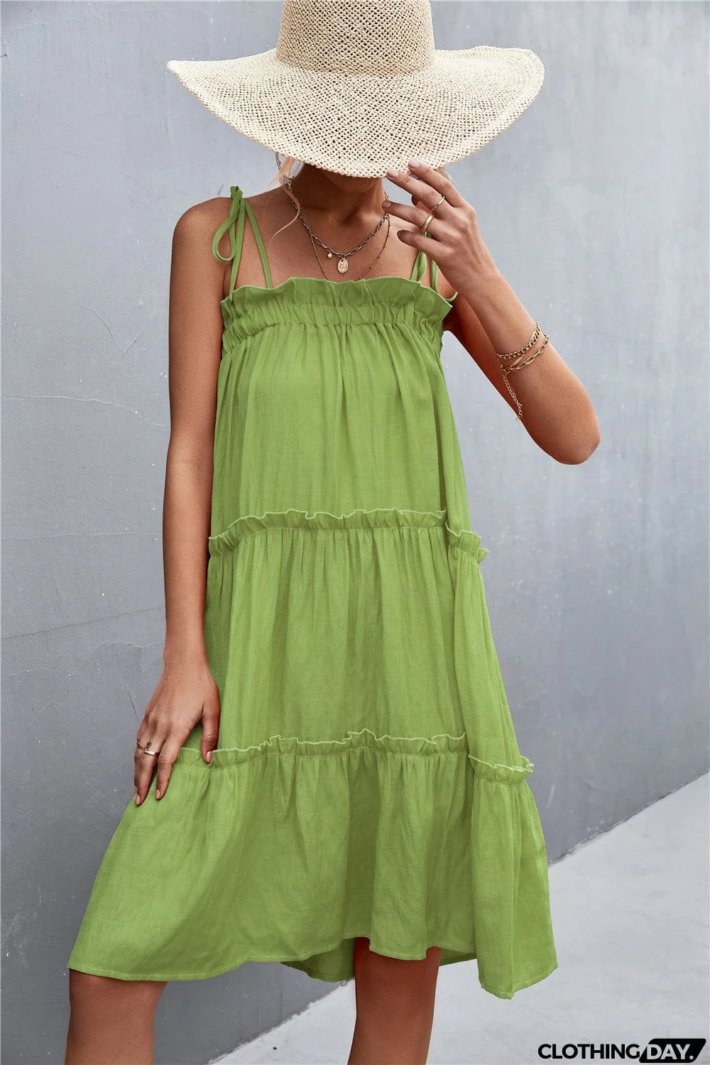 Tie-Shoulder Frill Trim Sleeveless Dress