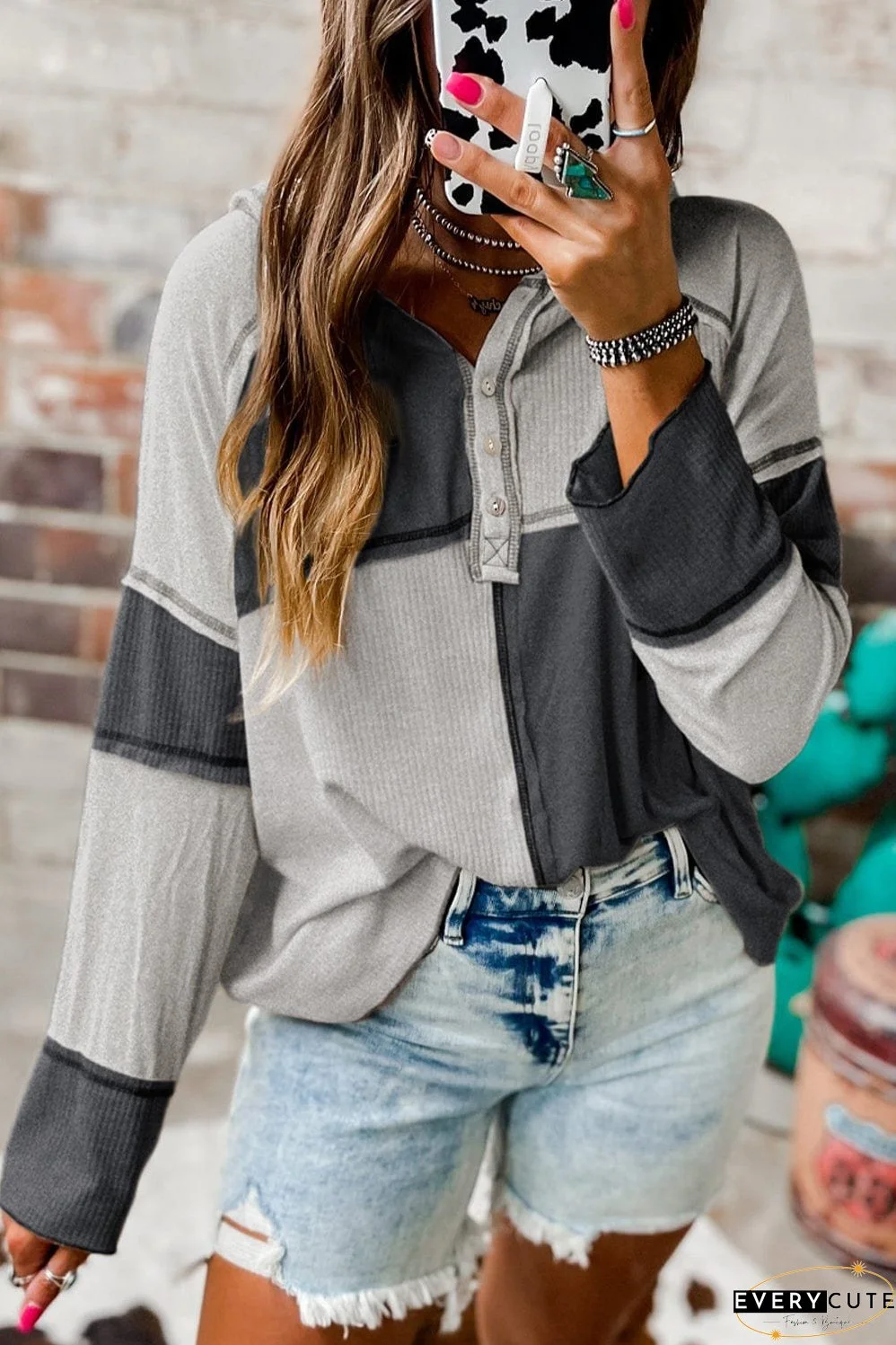 Gray and Black Striped Long Sleeve Top