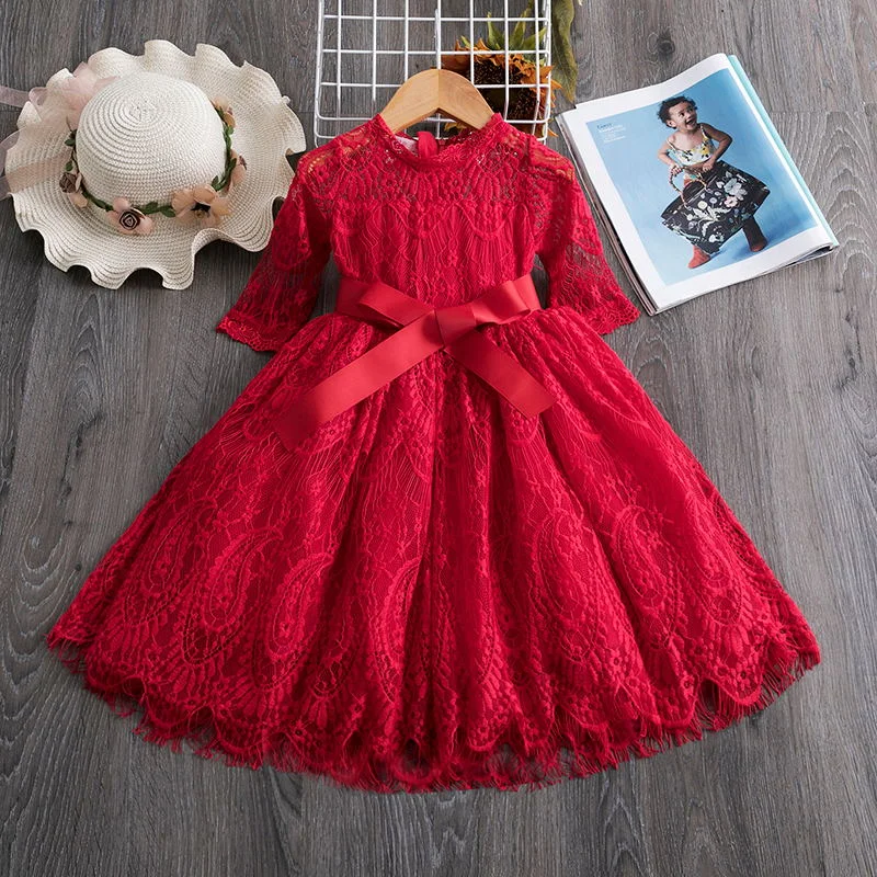 Red Christmas Party Kids Dresses For Girls Lace Frcoks Dress Baby Girl Ceremony Tutu Birthday Dress Children Clothing 3 5 6 8T