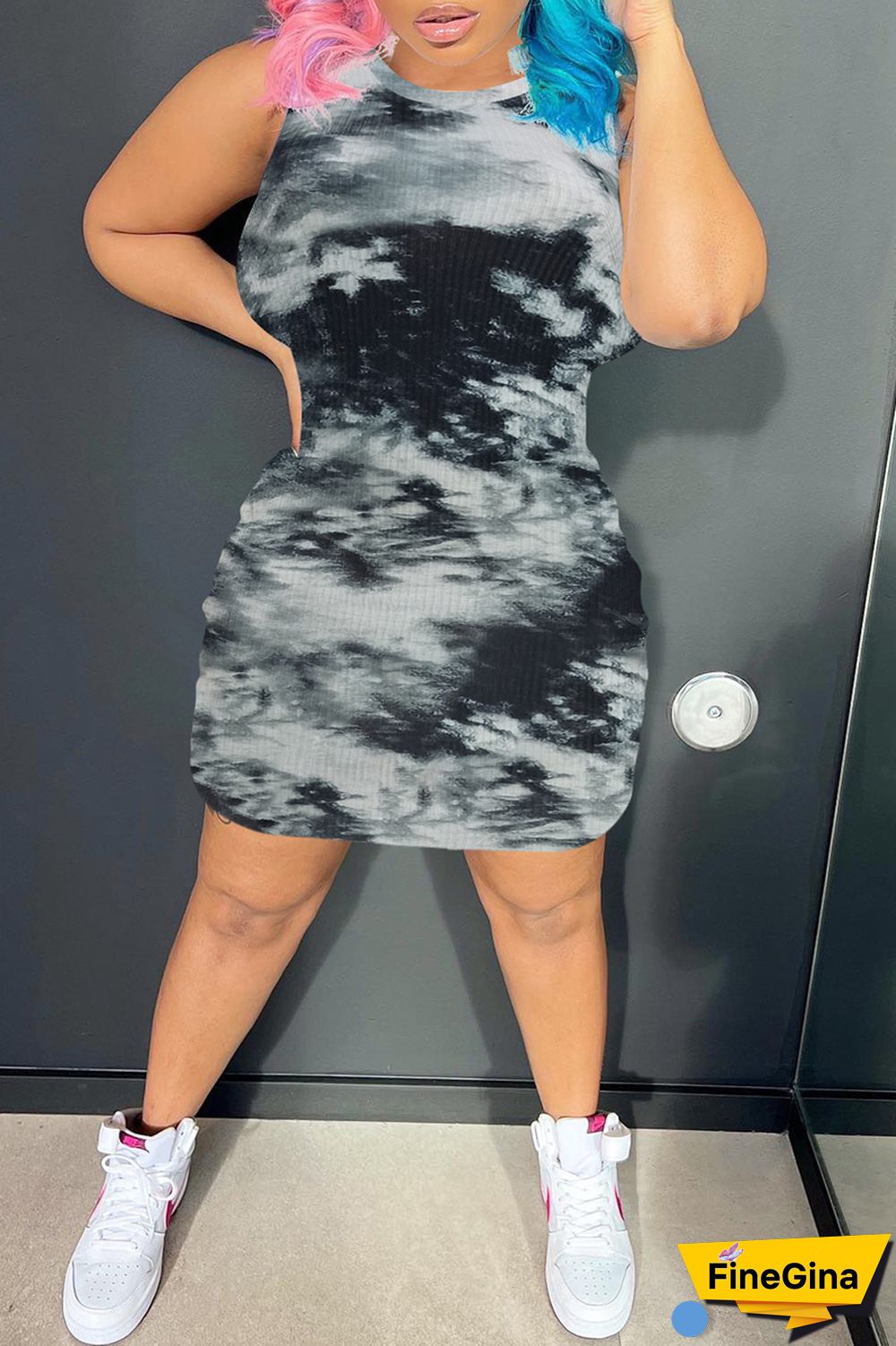 Black Casual Print Tie Dye Basic O Neck Sleeveless Dress Dresses