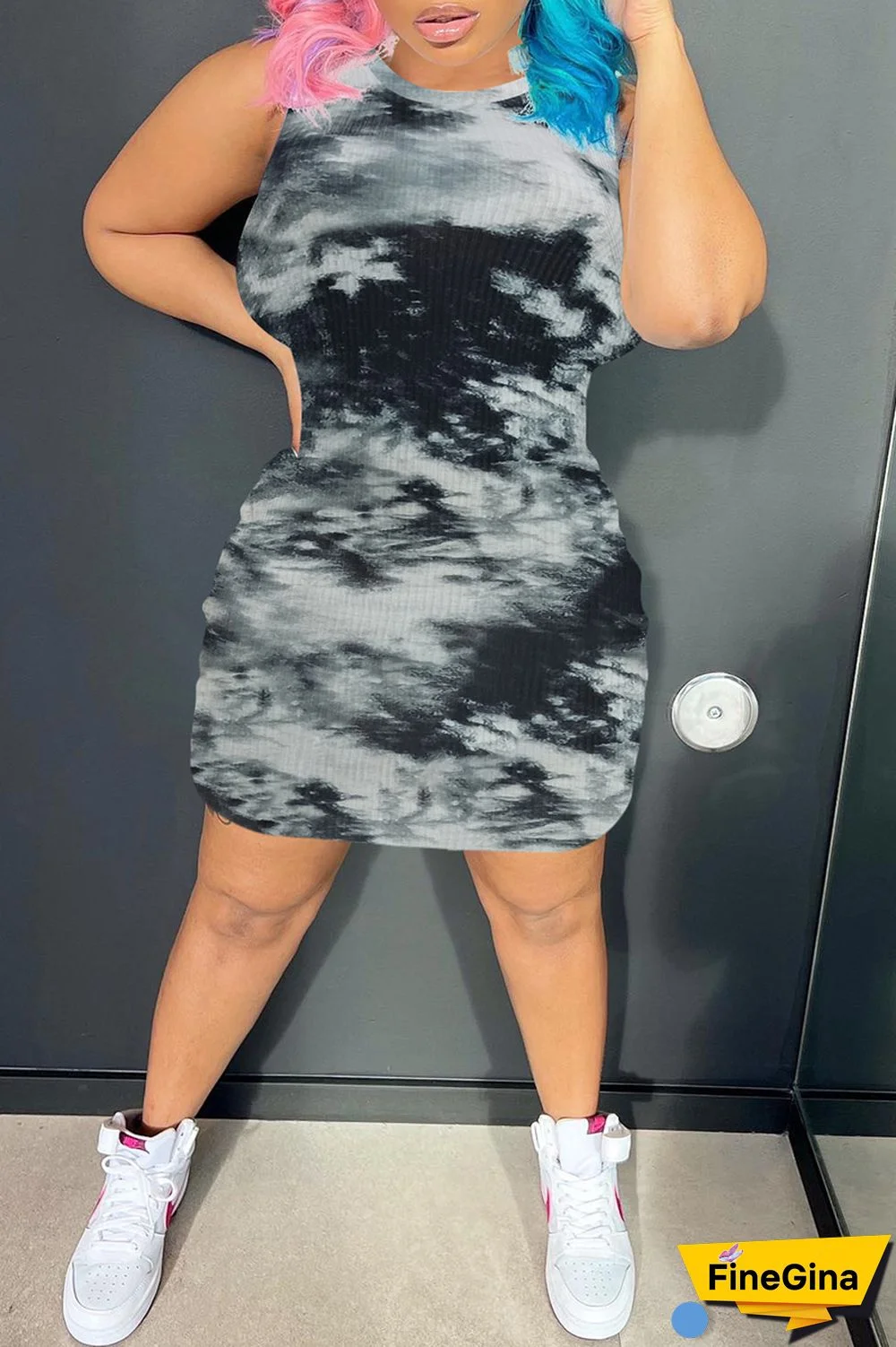 Black Casual Print Tie Dye Basic O Neck Sleeveless Dress Dresses