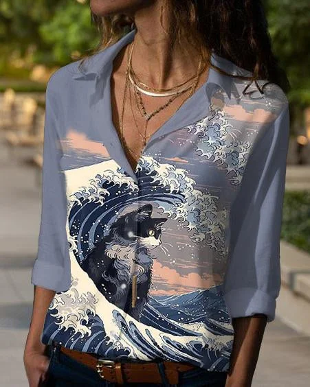 Japanese Wave Art Cat Long Sleeve Blouse