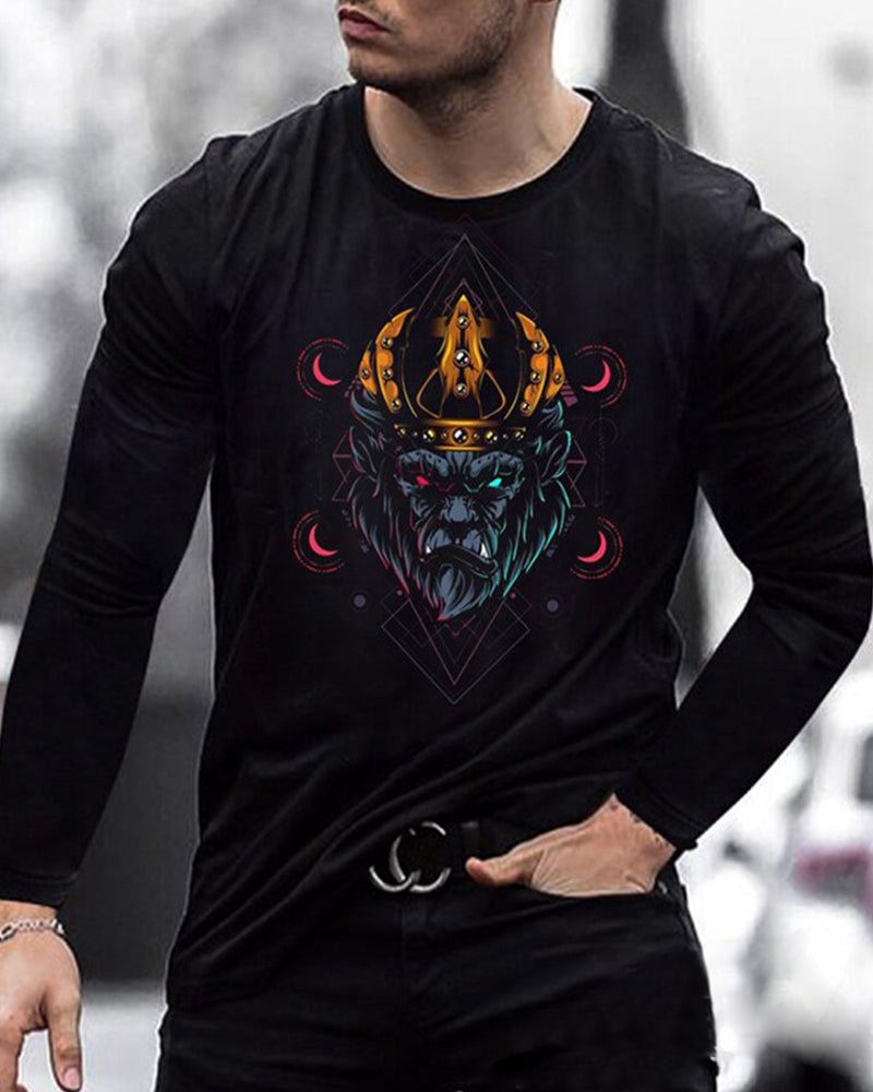 Stylish Round Collar Print Long-sleeved T-shirt