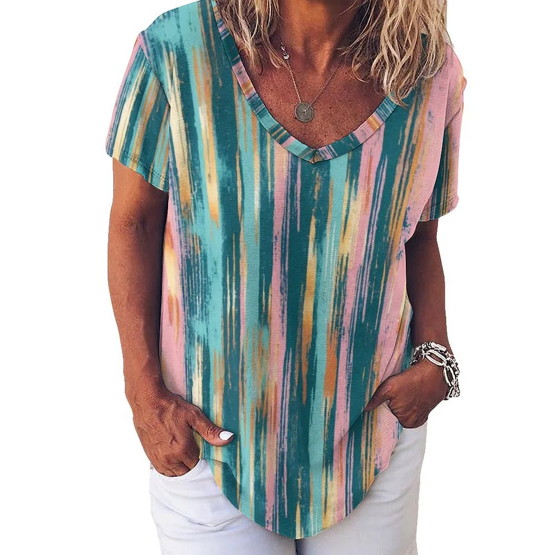 V-neck Short Sleeve Casual T-shirt for  Women Printed with Pattern Striped, Green, Pink