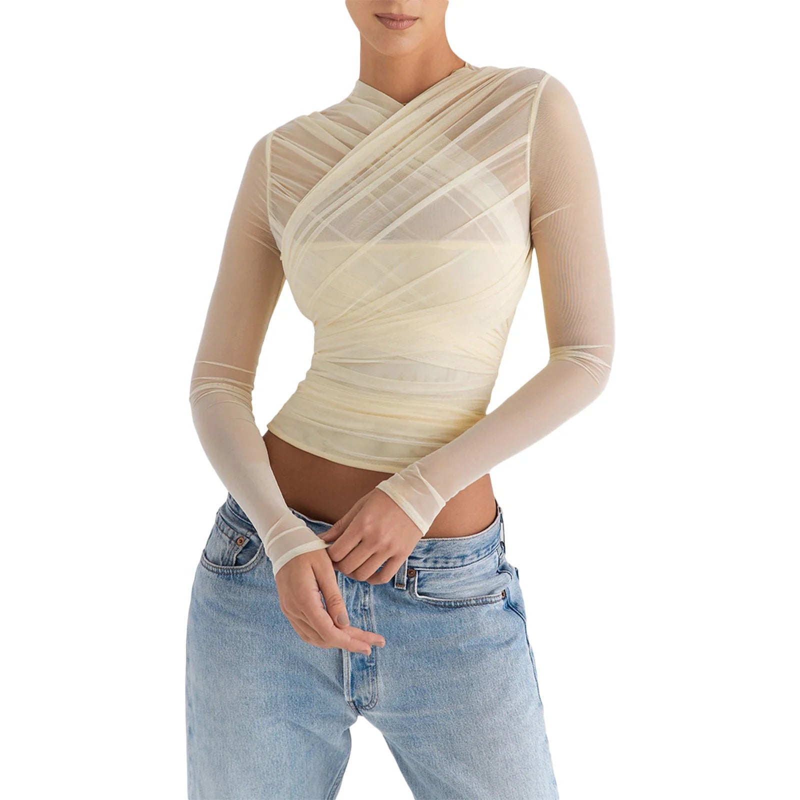 Llyge Women's Long Sleeves Solid Color Tulle See Through Pleated Casual Party Street Summer Short Slim Fit T-Shirt Tops llyge