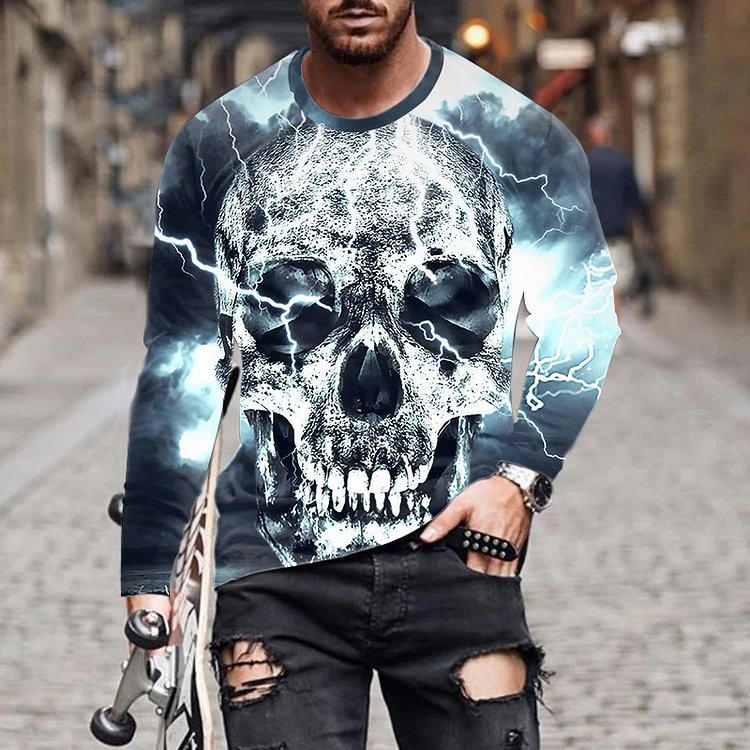 Men's Casual Skull Print Long-Sleeved T-Shirts