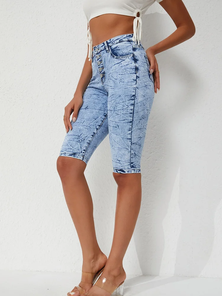 Women's Plus-Size Stretch Tie-Dye Washed Denim Shorts - Slim-Fit Street Style Mid-Length With Pockets, Machine Washable For Spring/Summer Casual Wear, Jeans Shorts, Summer Clothing, Stylish Pockets, Highelastic Fabric