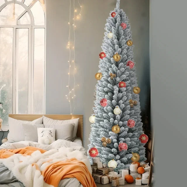 7 Feet Prelit Snow Flocked Pencil Christmas Tree Decoration 150 LED UL Plug Warm Lights 570 Branch Artificial Slim Xmas Tree Indoor Outdoor Home Decor Holiday
