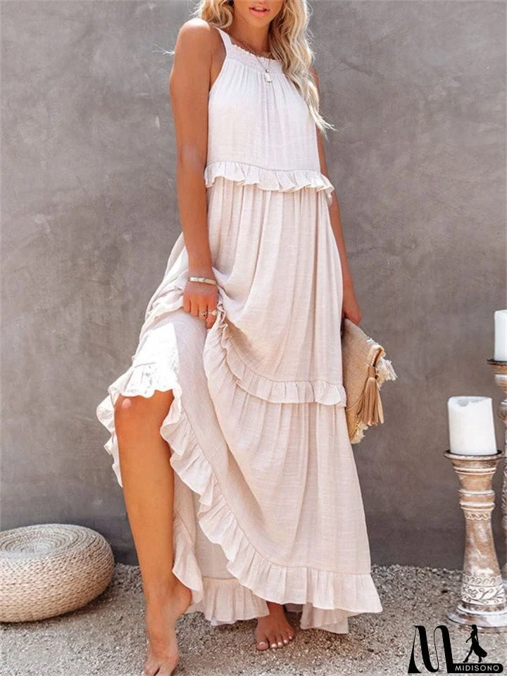 MidiSono - Romantic Ruffles Swing Sleeveless Halter Maxi Dress for Women