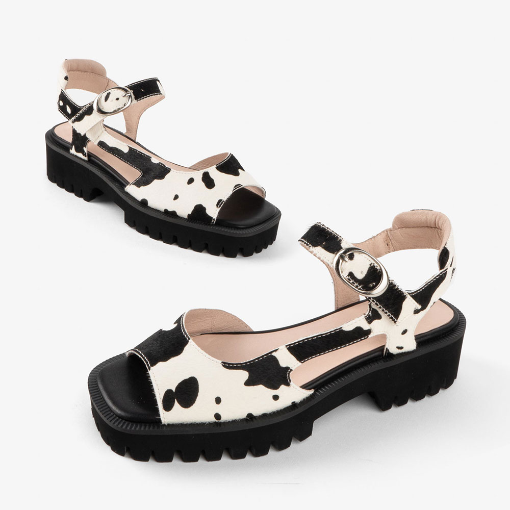 Black and White Cow Print Open Square Toe Ankle Strap Chunky Sandals Nicepairs