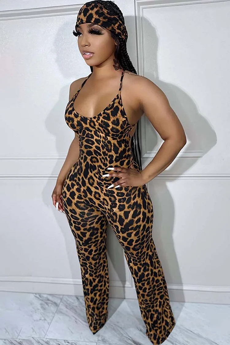 Leopard Print Halter Backless Straight Leg Vacation Jumpsuit