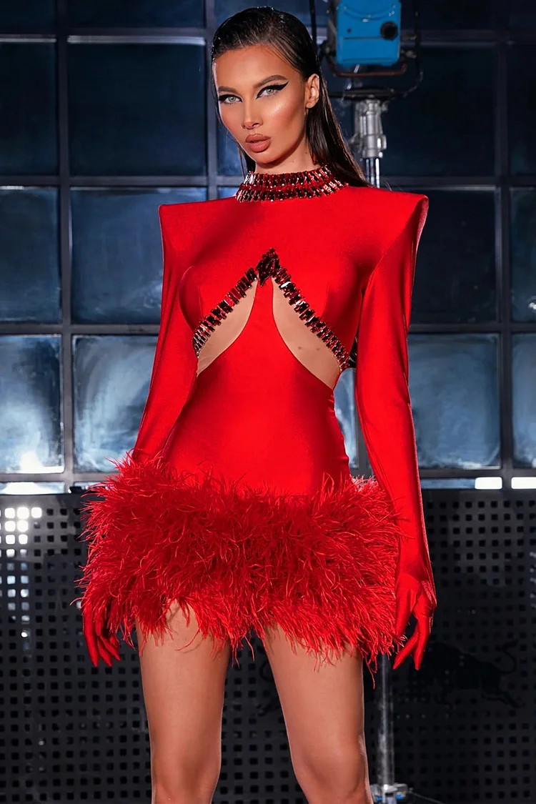 Cut Out Feather Hem Rhinestone Mini Dress-Red