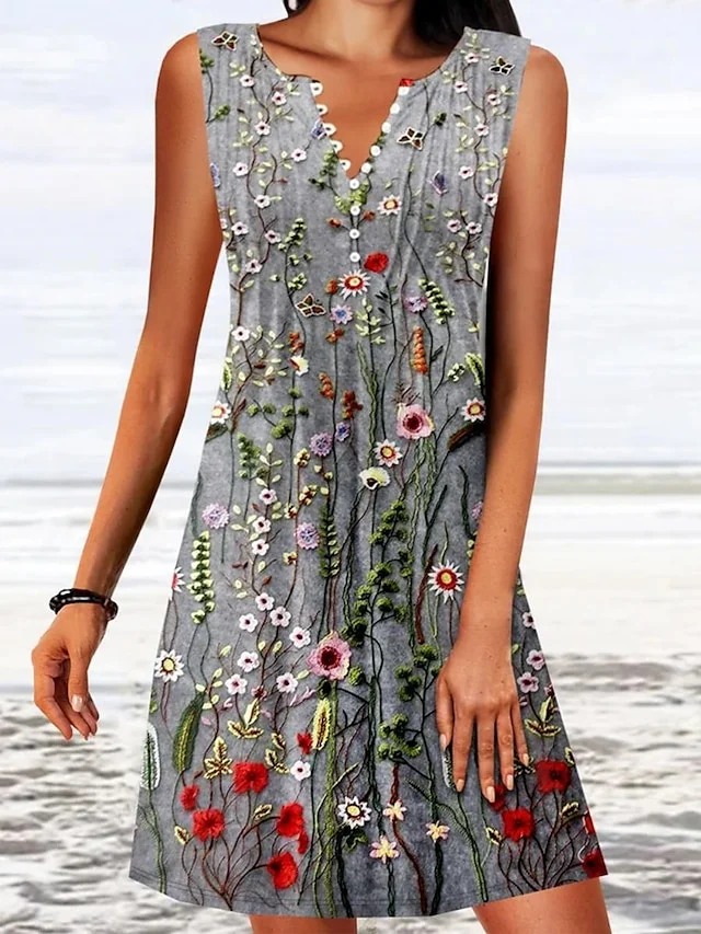 Women's Casual Dress Tank Dress Summer Dress Floral Button Print V Neck Mini Dress Active Fashion Outdoor Daily Sleeveless Regular Fit Gray Summer Spring S M L XL XXL