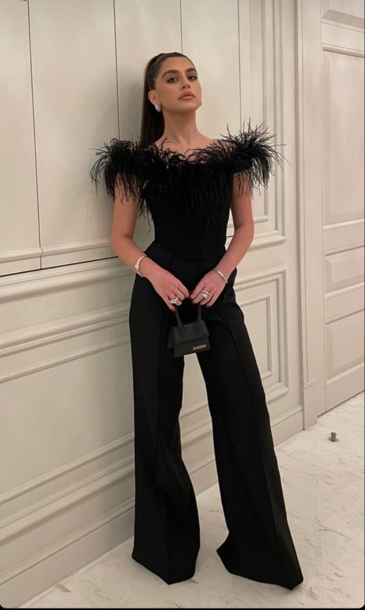 Hellodresses Stunning Black Short Sleeves Long Wid Leg Jumpsuit with Feathers