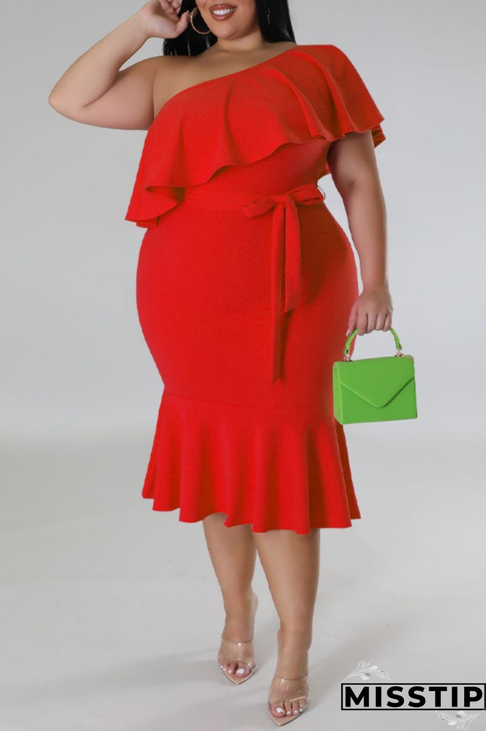Green Casual Solid Patchwork Backless Oblique Collar Plus Size Dresses
