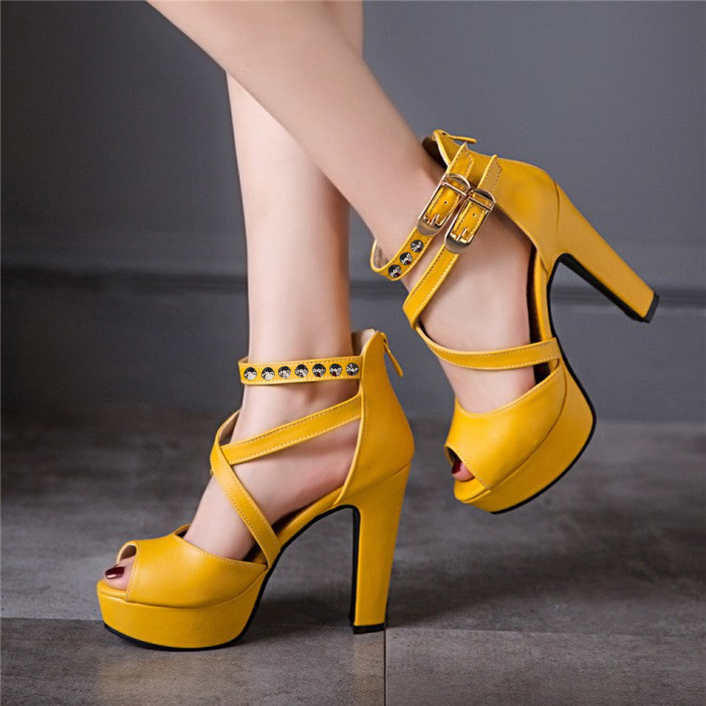 Yellow Peep Toe 4'' Chunky Heel Ankle Strap Sandals with Rivet Nicepairs