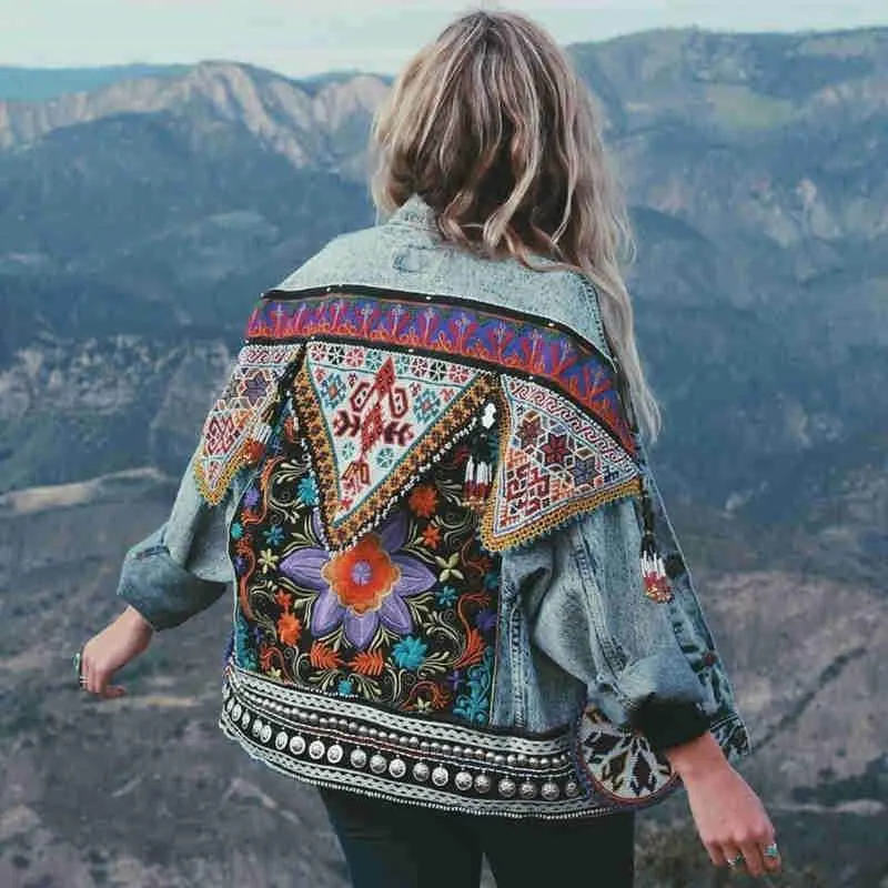 Jacket Women's Spring Boho Denim for Women Floral Appliques Embroidery Vintage Coat Long Sleeve Outerwear Female Jacket Coatee