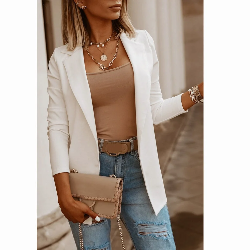 Fashion Solid Office Jacket Casual Ladies Cardigan Turn-Down Collar Loose Coat Female Autumn Winter Long Sleeve Womens Outerwear