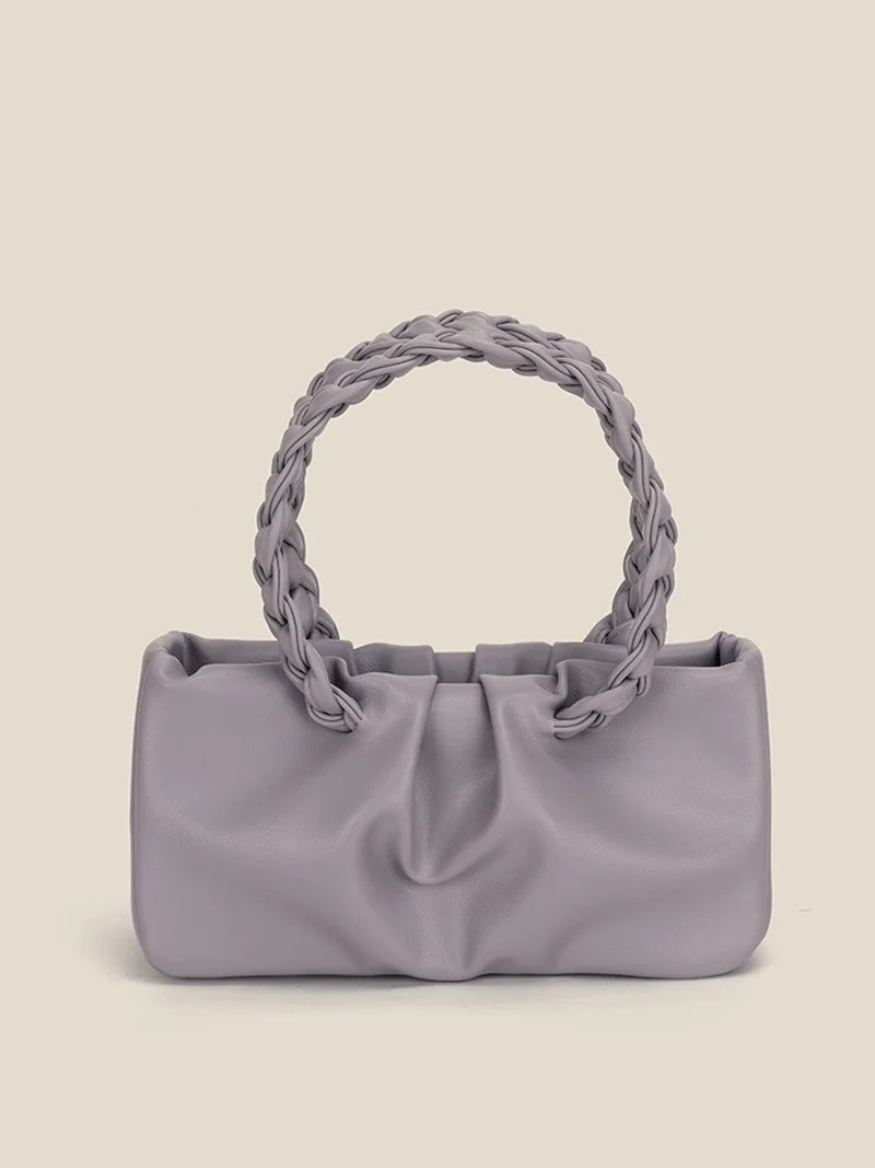 Women's Fashionable Handmade Leather Woven Handle Pleated Bag Cloud Bag