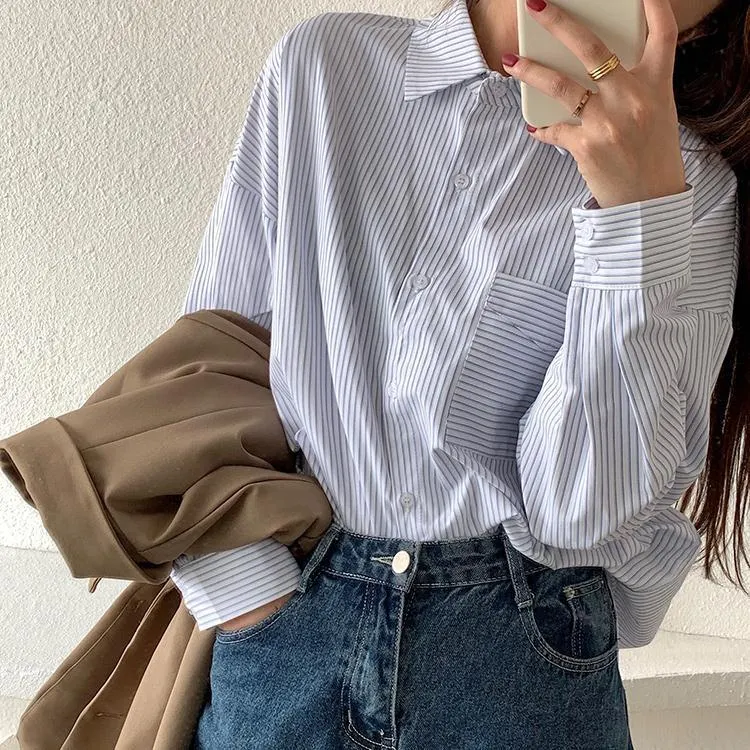 Uveng Uveng New Spring And Autumn Korean Version Of The Loose Salt Long-Sleeved Striped Shirt Women Wear Retro Hong Kong-Style Tops