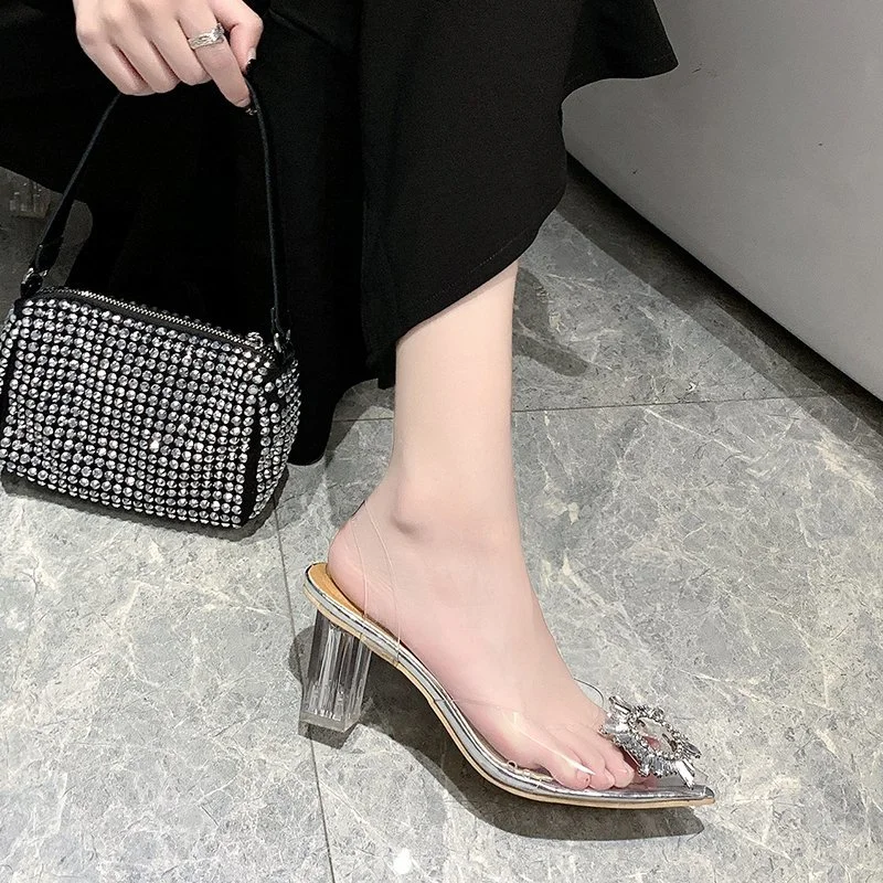 Qengg PVC Sandals Women Pointed Clear Crystal Cup High Heel Stilettos Sexy Pumps Summer Shoes Peep Toe Women Pumps Size 43