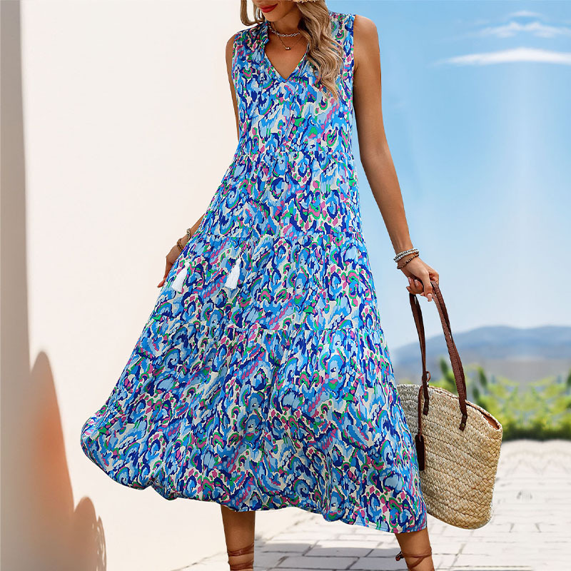 Summer Sleeveless Bohemian Print Dress Fashionable Print Casual Seaside Vacation Style Long Women's Sleeveless Dress