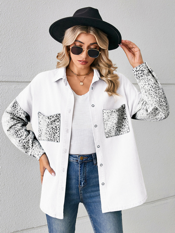 Mature Women New Loose Leopard Print Patchwork Denim Shirt