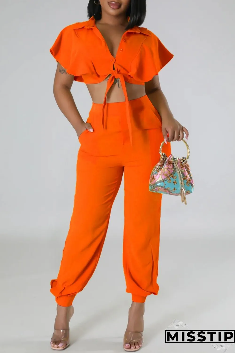 Yellow Casual Solid Frenulum V Neck Short Sleeve Two Pieces
