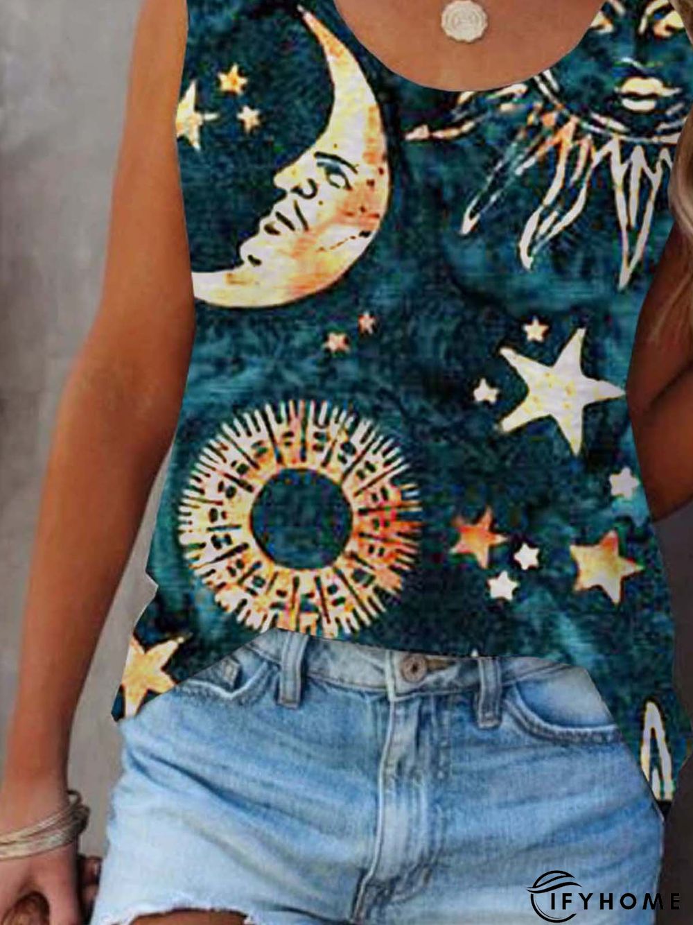 Graphic Sleeveless Printed Cotton-blend Crew Neck Vintage Summer Blue Top | IFYHOME