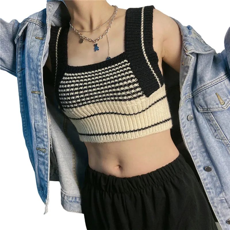 Womens Autumn Fashion Knitted Vest Loose Patchwork Sweater Vintage Square Neck Sleeveless