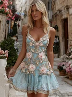 Women's Vintage Pink Rose Embroidery Art Suspender Mini Dress