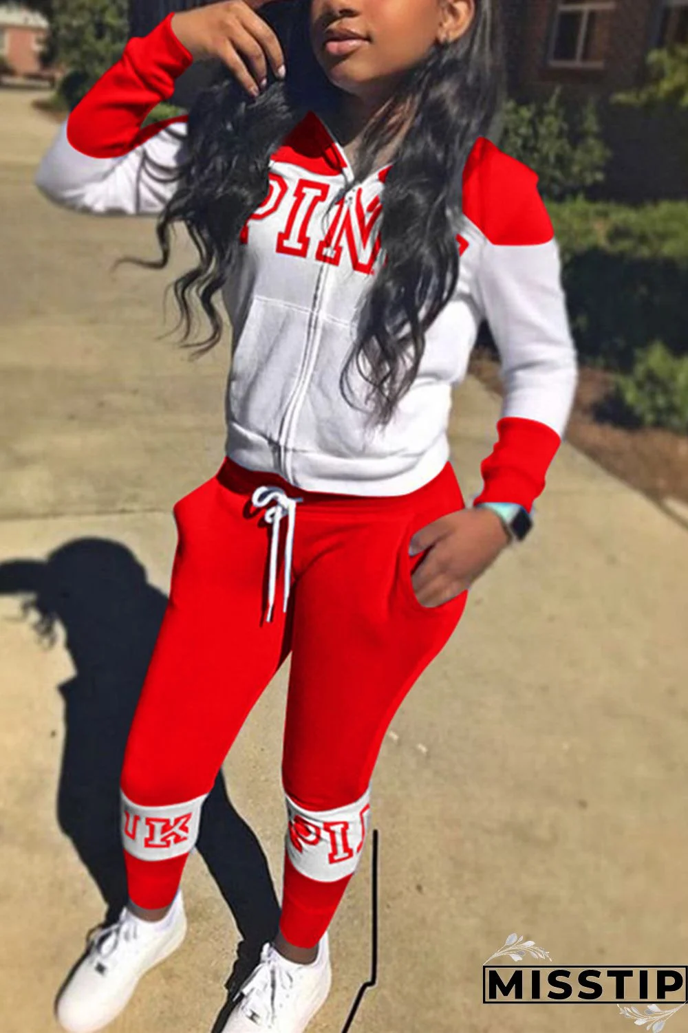 Red Casual Sportswear Long Sleeve Hooded Collar Regular Sleeve Regular Letter Print Two Pieces